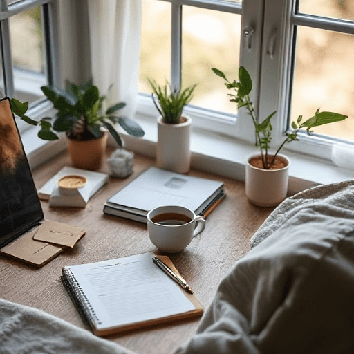 A cozy workspace by a window featuring a laptop, a cup of coffee, a notebook, pens, and potted plants, creating a serene environment for mindful productivity.