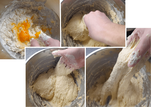 A series of images showing the process of making dough for Buchty na pare, featuring close-ups of mixing ingredients, kneading the dough, and handling the soft, elastic mixture.