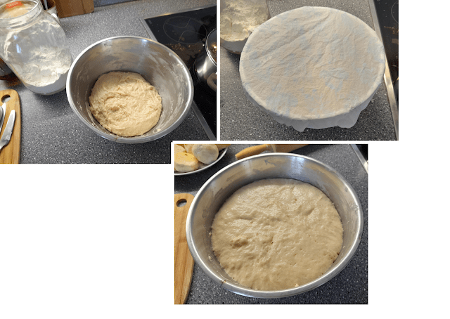 Bowl of dough covered with a cloth, showing the process of letting it rise.