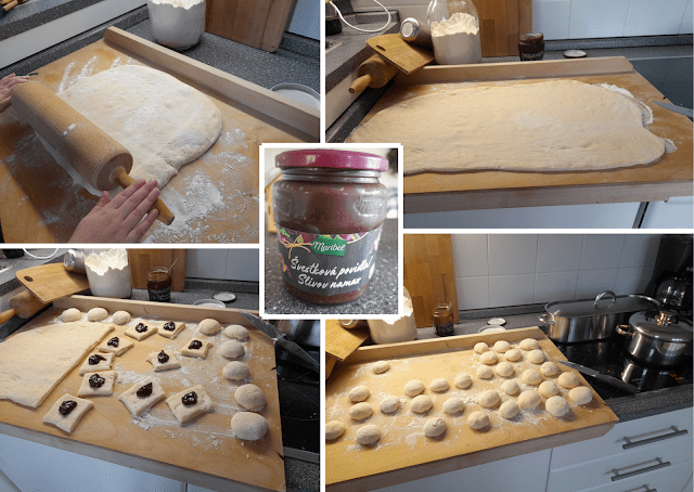 A collage of images showing the process of making Buchty na pare, including rolling out dough, a jar of plum jam, shaping buns, and arranged uncooked buns on a wooden surface.