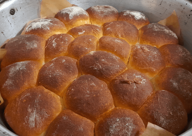 A close-up of freshly steamed Slovak Buchty na pare, showcasing golden-brown soft buns organized in a pot, with a light dusting of flour on top.
