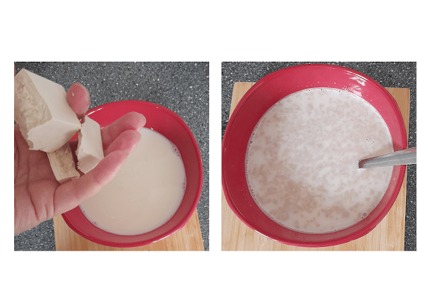 A hand holding fresh yeast above a bowl of warm milk, alongside a second image showing the yeast mixed with the milk, creating a bubbly mixture.