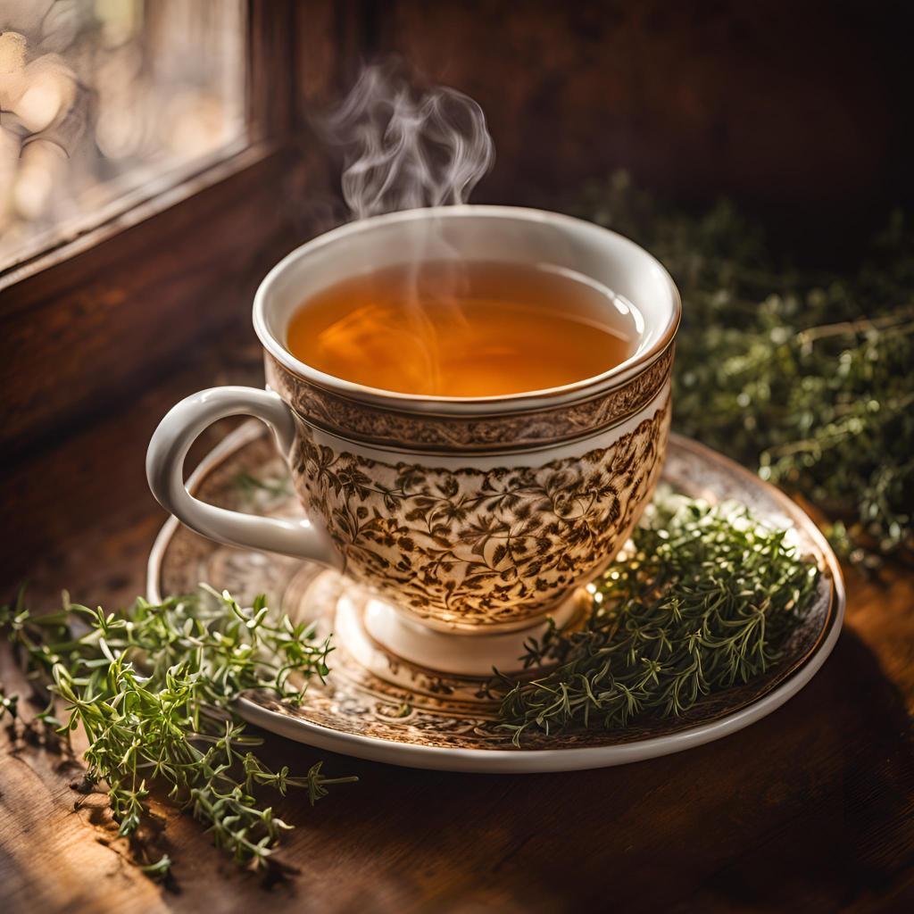A steaming cup of herbal tea placed on a patterned saucer, surrounded by fresh thyme, with sunlight filtering through a window.