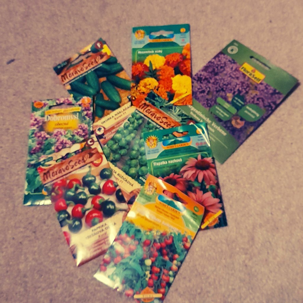 Colorful seed packets arranged on a surface, featuring various vegetable and flower varieties for a small garden.