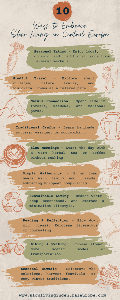 Infographic titled '10 Ways to Embrace Slow Living in Central Europe' featuring a list of tips, such as seasonal eating, mindful travel, nature connection, and sustainable living, with illustrations of carrots, mountains, and bicycles.